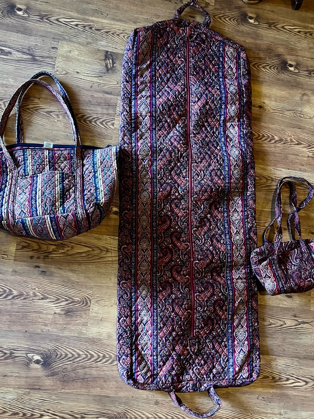 3 Piece Set of Vera Bradley Burgundy/Navy Paisley Vintage Garment Bag & 2 Bags